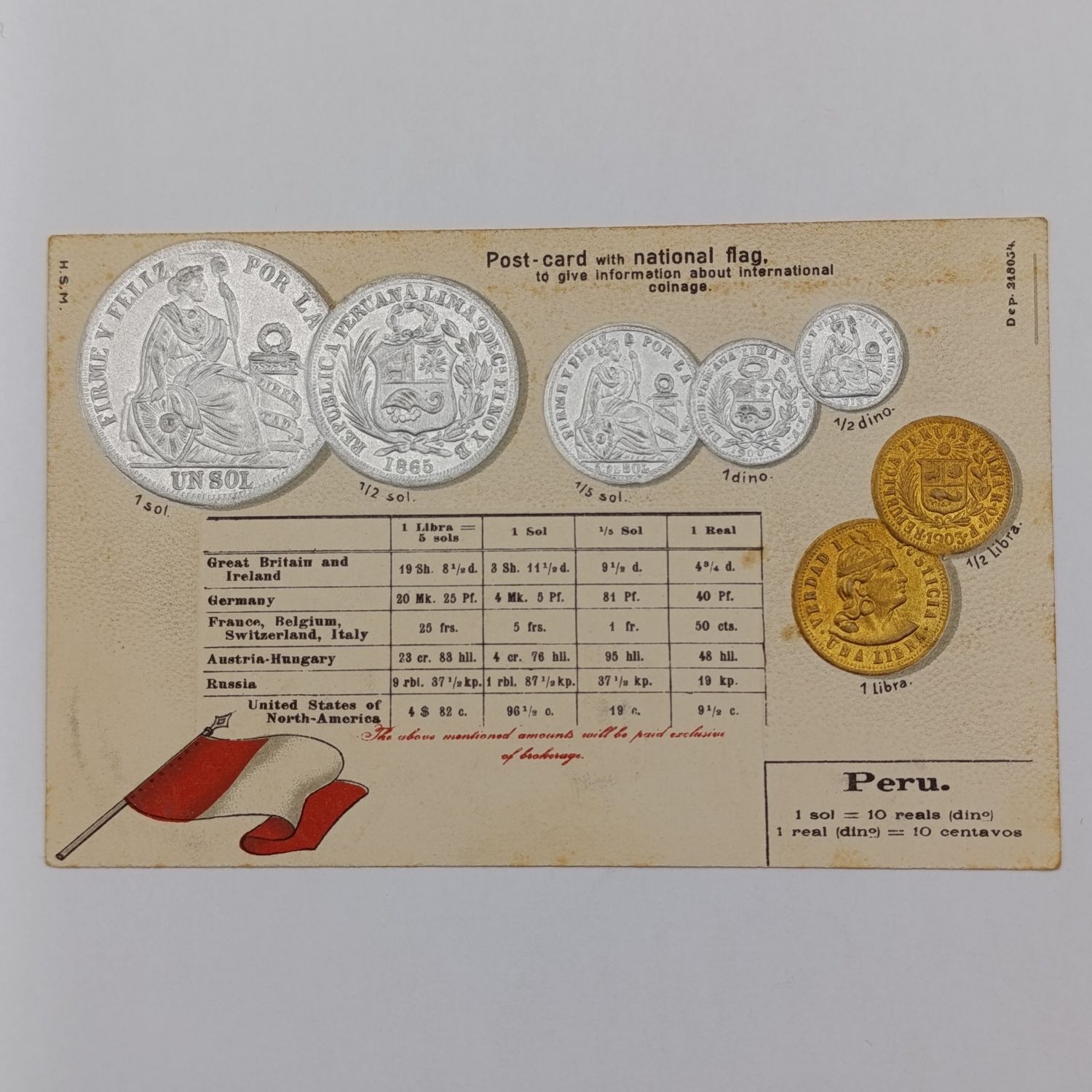 Antique Postcard with Peru flag and coinage - Embossed and unused