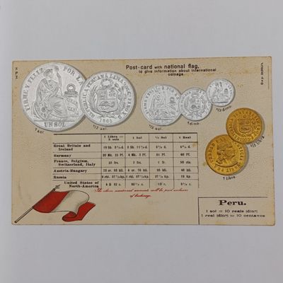 Antique Postcard with Peru flag and coinage - Embossed and unused
