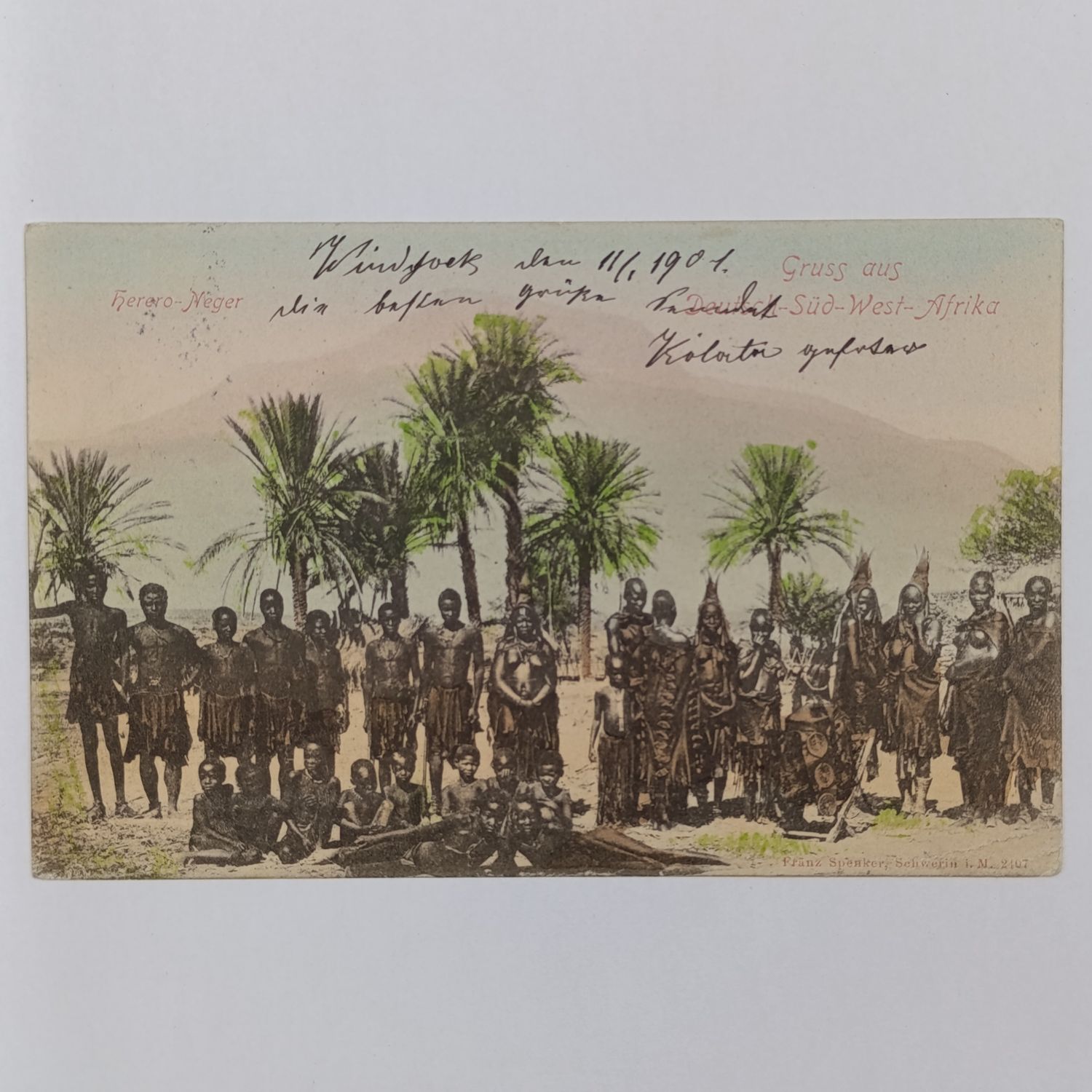 1901 German South West Africa postcard from Windhoek to Altmunsterol, Germany - Picture of Herero tribes people at Otjikango (Gross Barmen) Sender is the publisher of the lithograph - Franz Sponemann