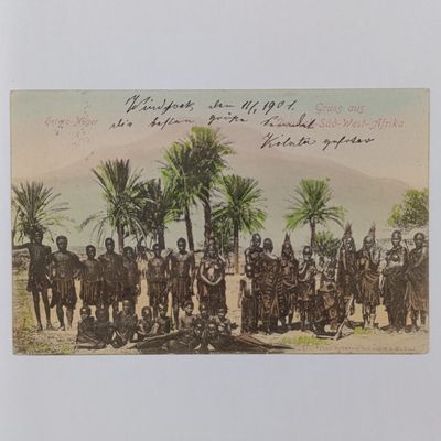 1901 German South West Africa postcard from Windhoek to Altmunsterol, Germany - Picture of Herero tribes people at Otjikango (Gross Barmen) Sender is the publisher of the lithograph - Franz Sponemann 1901 German South West Africa postcard from Windhoek to Altmunsterol, Germany - Picture of Herero tribes people at Otjikango (Gross Barmen) Sender is the publisher of the lithograph - Franz Sponemann