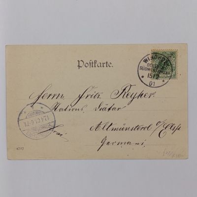 1901 German South West Africa postcard from Windhoek to Altmunsterol, Germany - Picture of Herero tribes people at Otjikango (Gross Barmen) Sender is the publisher of the lithograph - Franz Sponemann