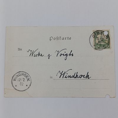 German South West Africa postcard sent form Gibeon to Windhoek 1902 with Kaiser Yacht 5 Pfennig Stamp - sent by Fritz Kriess to Wocke and Voigts asking that they collect 20 mark from his brother