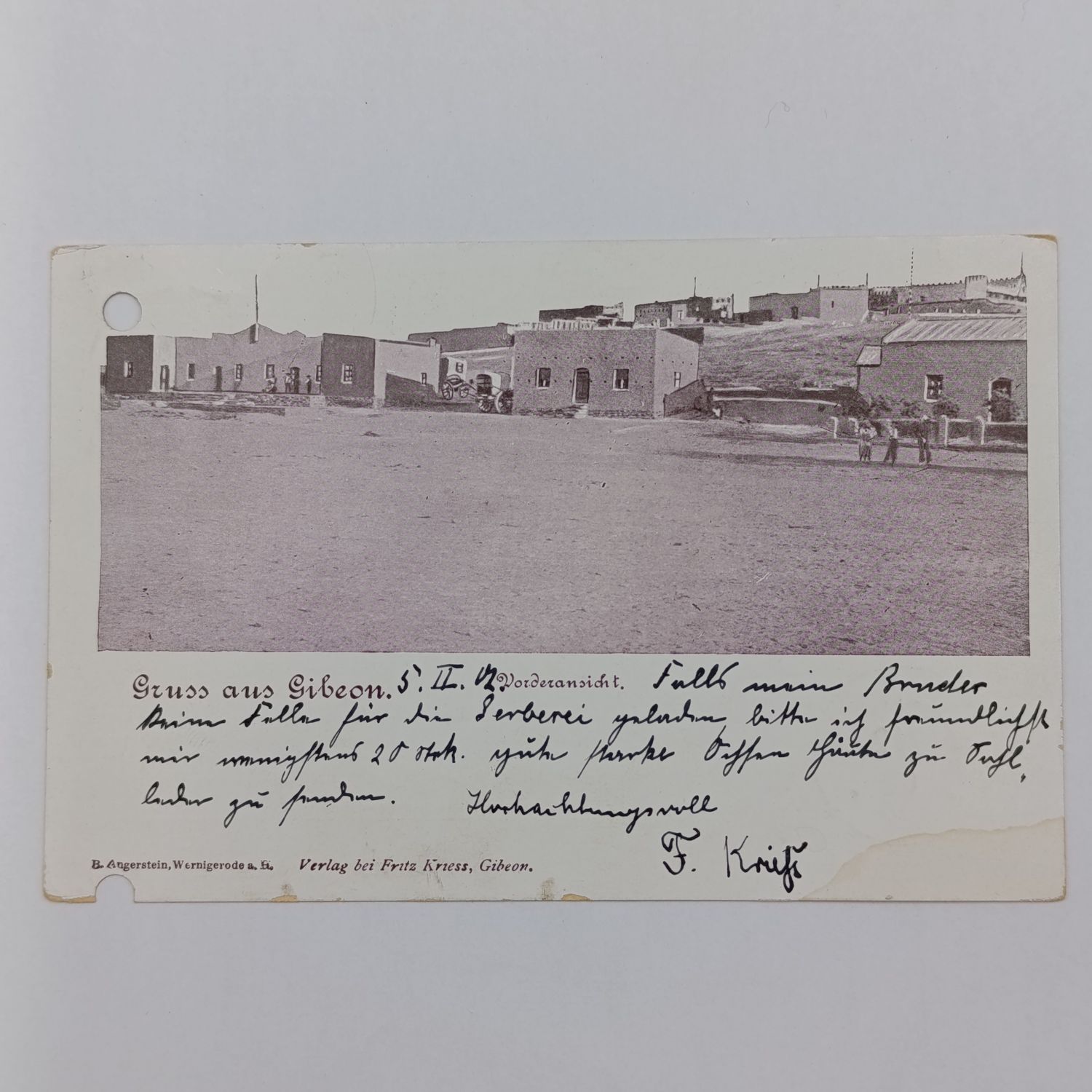 German South West Africa postcard sent form Gibeon to Windhoek 1902 with Kaiser Yacht 5 Pfennig Stamp - sent by Fritz Kriess to Wocke and Voigts asking that they collect 20 mark from his brother