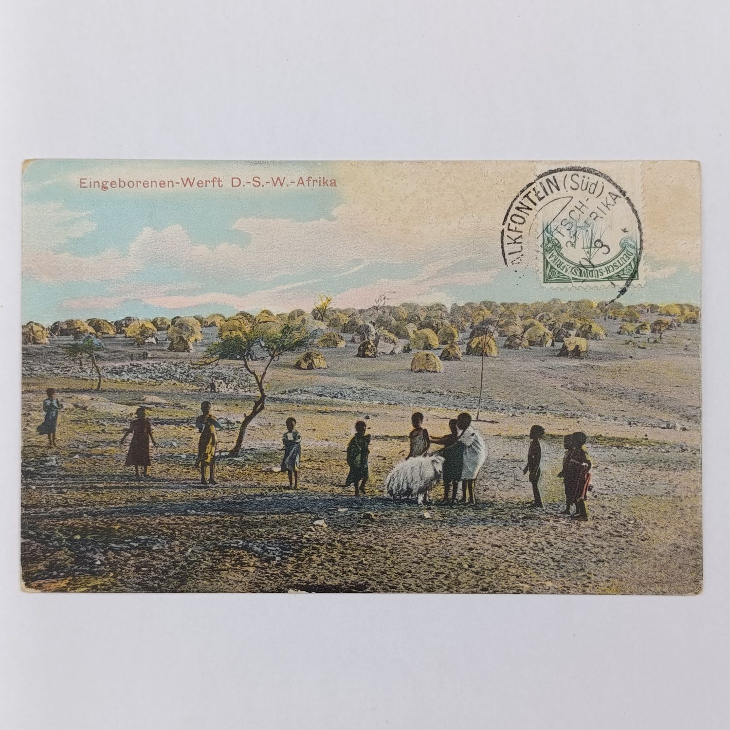 Fritz Nink antique Postcard - posted in Kalkfontein 1911 - Some damage - Picture of indigenous settlement with children - GSWA