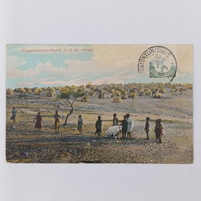 Fritz Nink antique Postcard - posted in Kalkfontein 1911 - Some damage - Picture of indigenous settlement with children - GSWA