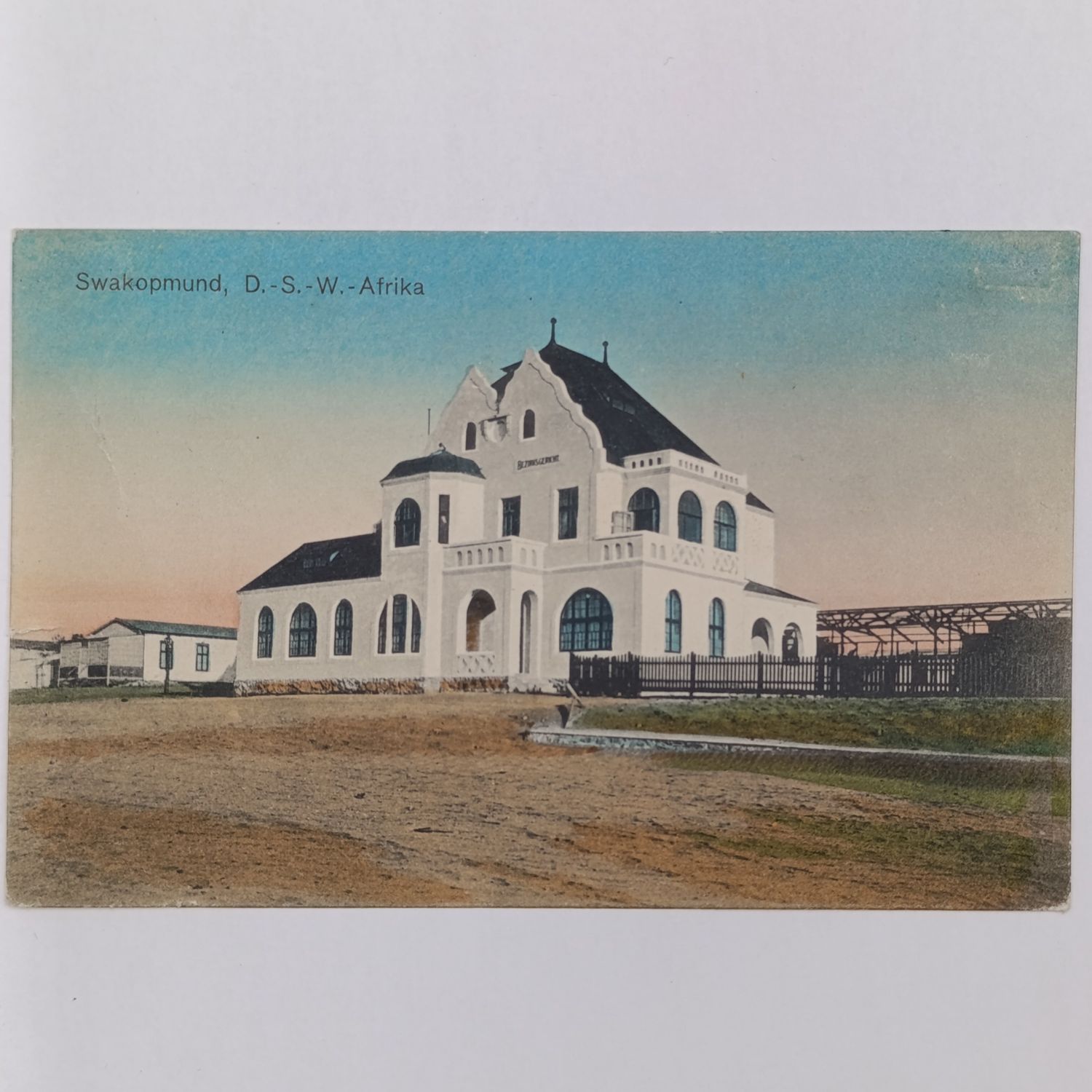 1911 german Colonial Postcard Swakopmund to Freiburg, Baden ,Germanny - with 5 Pfennig Kaiser yacht Stamp and clear cancellation and 54 Routing Mark - Picture of Magistrates Court in Swakopmund