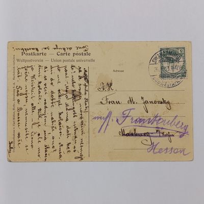 Antique German South West Africa postcard sent from Swakopmund to Harburg and rerouted to Hesson, Germany - 5 Pfennig Keiser Yacht Stamp cancelled 1913 - Message in Czech language