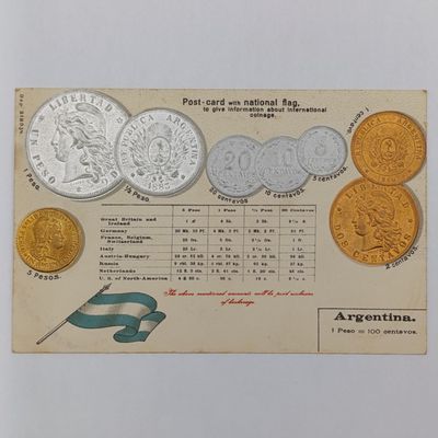 Antique Postcard with Argentina flag and coinage - Embossed and unused