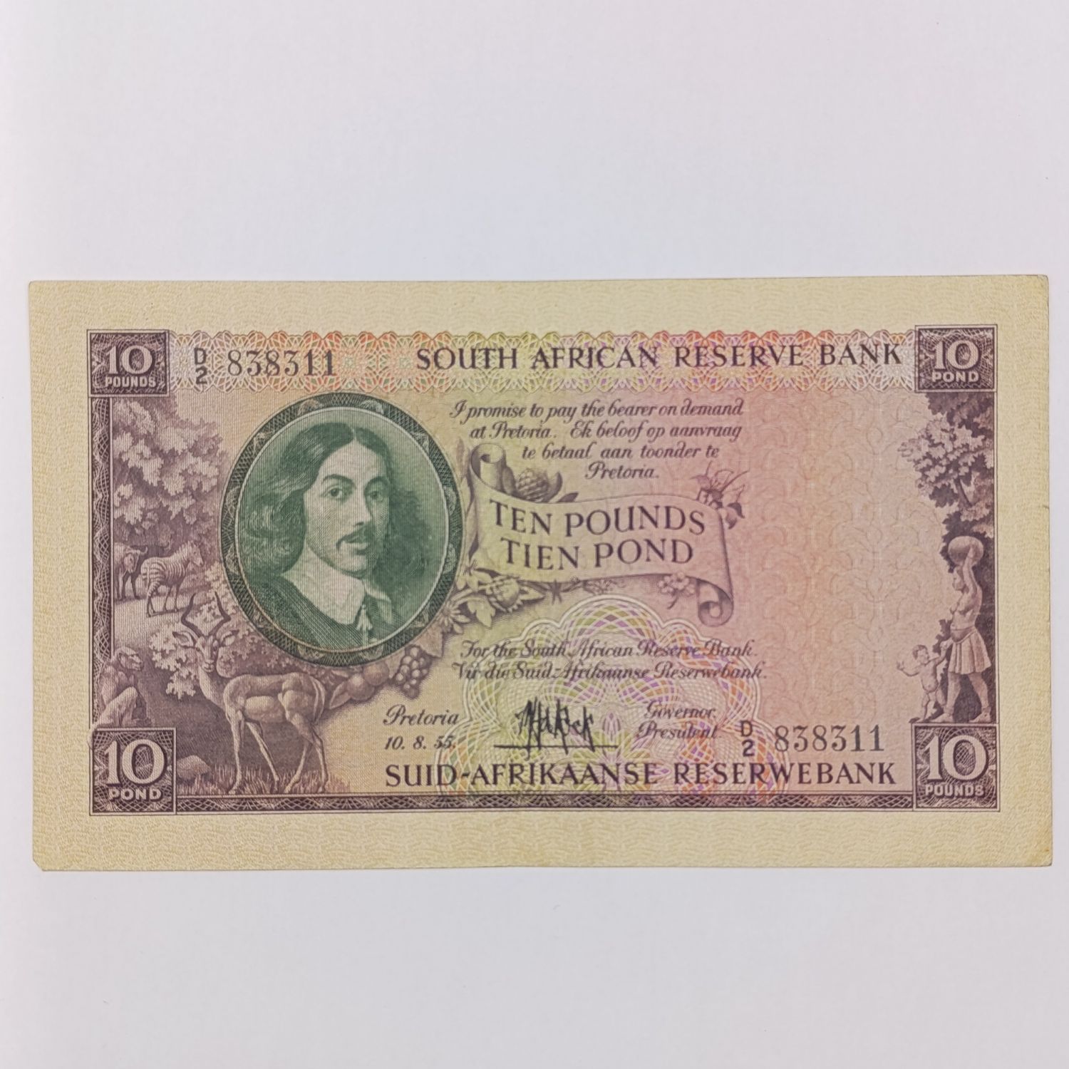 South Africa M H de Kock 1955 Ten Pound banknote - light folds and one rounded corner