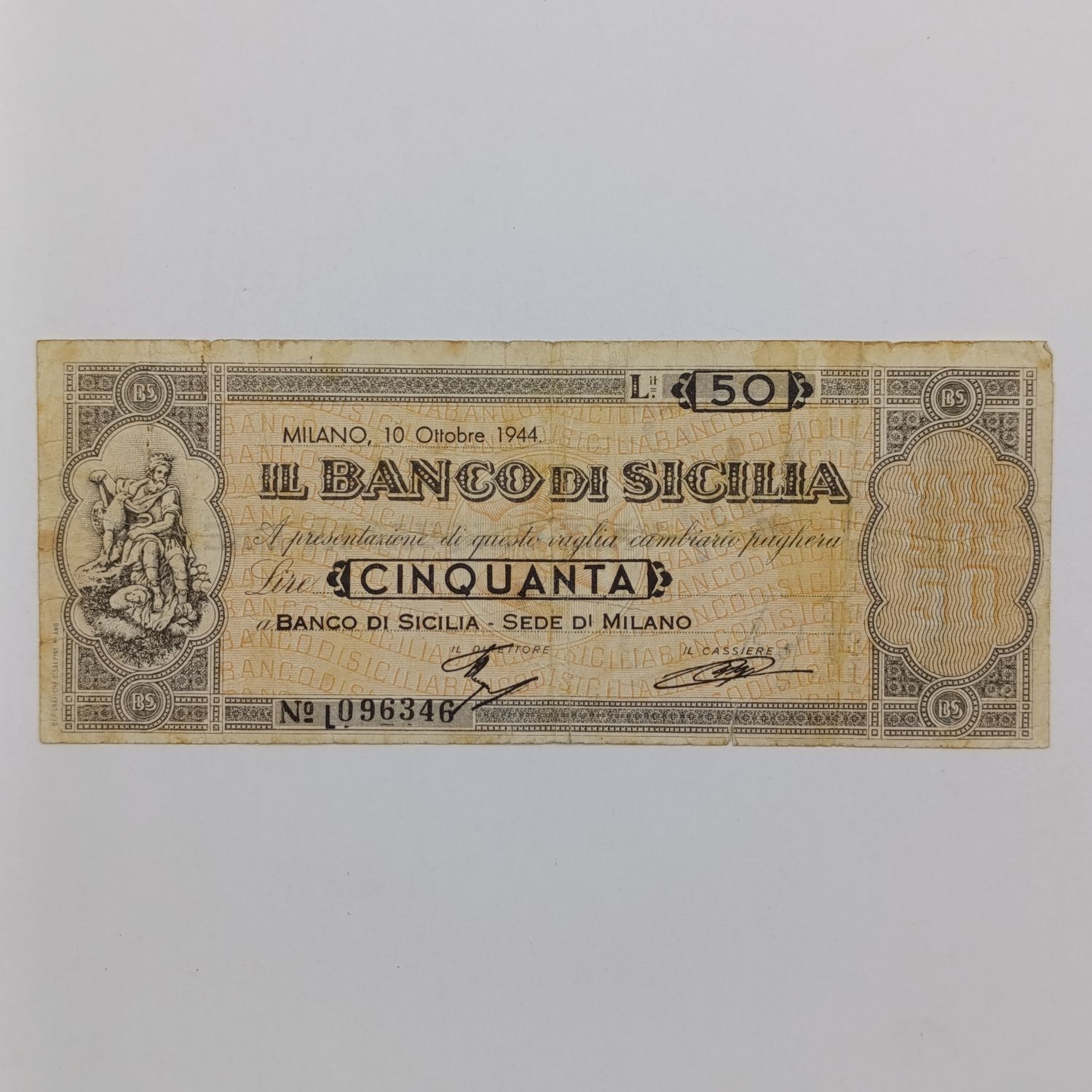 Sicilia 50 Lire emergency note 1944 - with news agent cancel at back - proving actual circulation