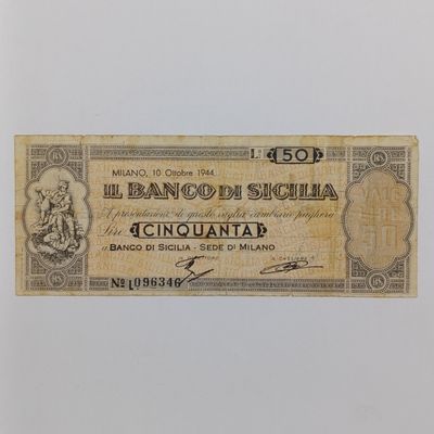 Sicilia 50 Lire emergency note 1944 - with news agent cancel at back - proving actual circulation