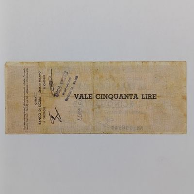 Sicilia 50 Lire emergency note 1944 - with news agent cancel at back - proving actual circulation