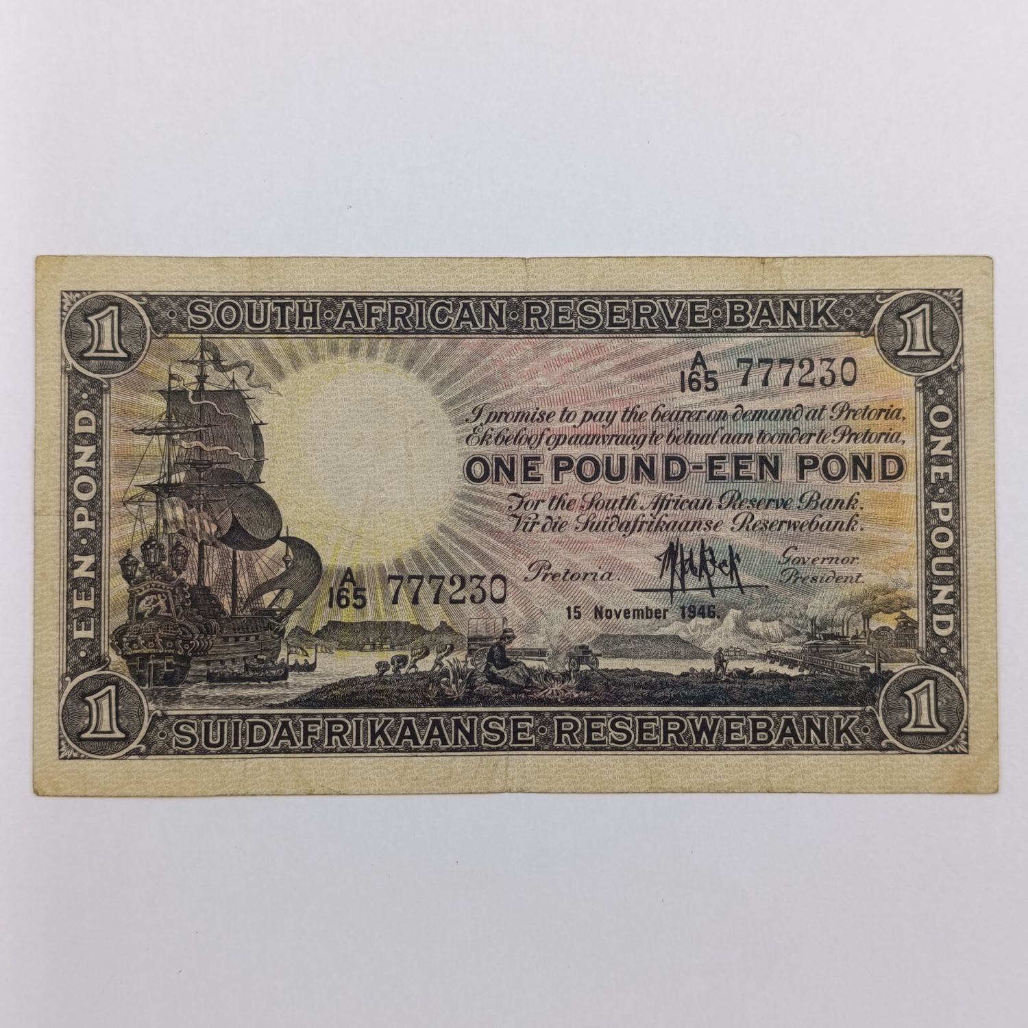 South African M H de Kock 1st Series One Pound 15 Nov 1946 - VF+