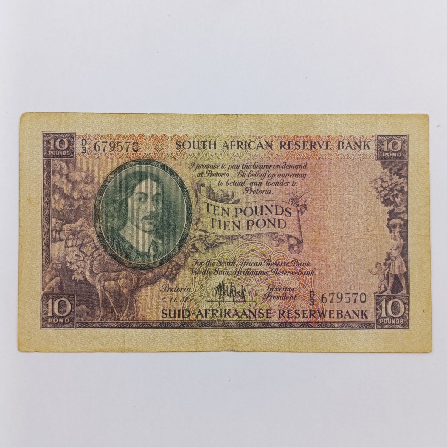 South AFrican 6-11-57 Ten Pound M H de Kock Banknote