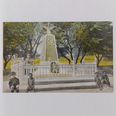1908 Postcard with the Windhoek War Memorial one white and 3 native children - Karibib cancelled 5 pfennig Kaiser Yacht stamp - Franz Spenker postcard sent to USAKOS 1908 Postcard with the Windhoek War Memorial one white and 3 native children - Karibib cancelled 5 pfennig Kaiser Yacht stamp - Franz Spenker postcard sent to USAKOS