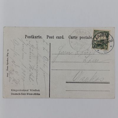1908 Postcard with the Windhoek War Memorial one white and 3 native children - Karibib cancelled 5 pfennig Kaiser Yacht stamp - Franz Spenker postcard sent to USAKOS
