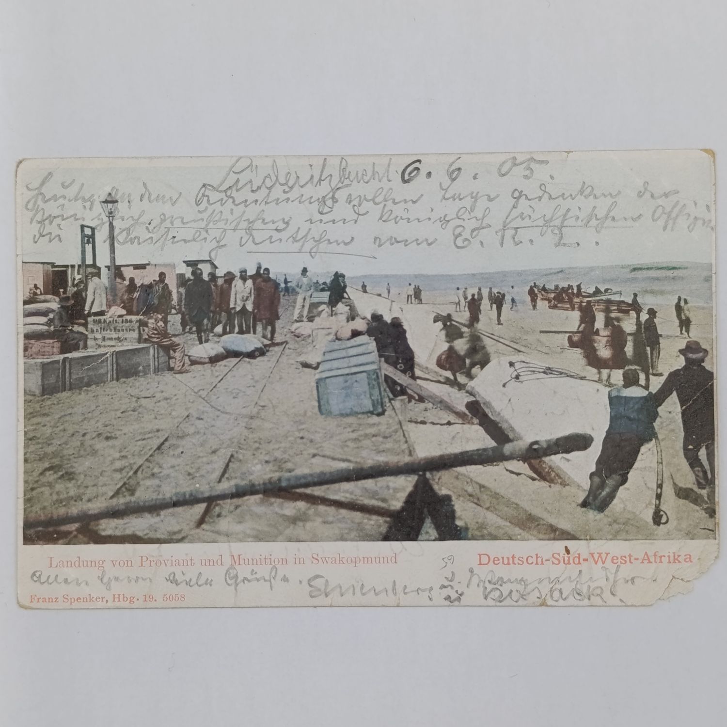 Postcard posted 7/6/1905 in Luderitz to Berlin mentioning the steam ship Gertrud with picture of proviant delivered to Swakopmund - one corner damaged