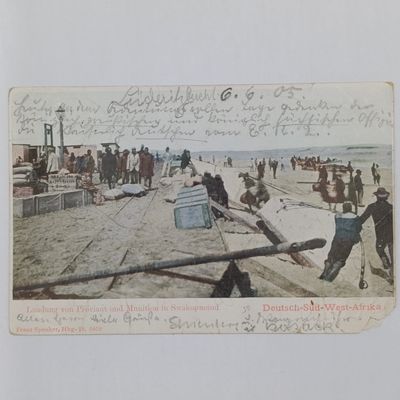 Postcard posted 7/6/1905 in Luderitz to Berlin mentioning the steam ship Gertrud with picture of proviant delivered to Swakopmund - one corner damaged Postcard posted 7/6/1905 in Luderitz to Berlin mentioning the steam ship Gertrud with picture of proviant delivered to Swakopmund - one corner damaged