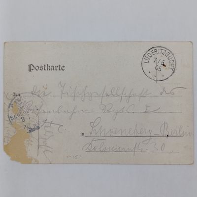 Postcard posted 7/6/1905 in Luderitz to Berlin mentioning the steam ship Gertrud with picture of proviant delivered to Swakopmund - one corner damaged