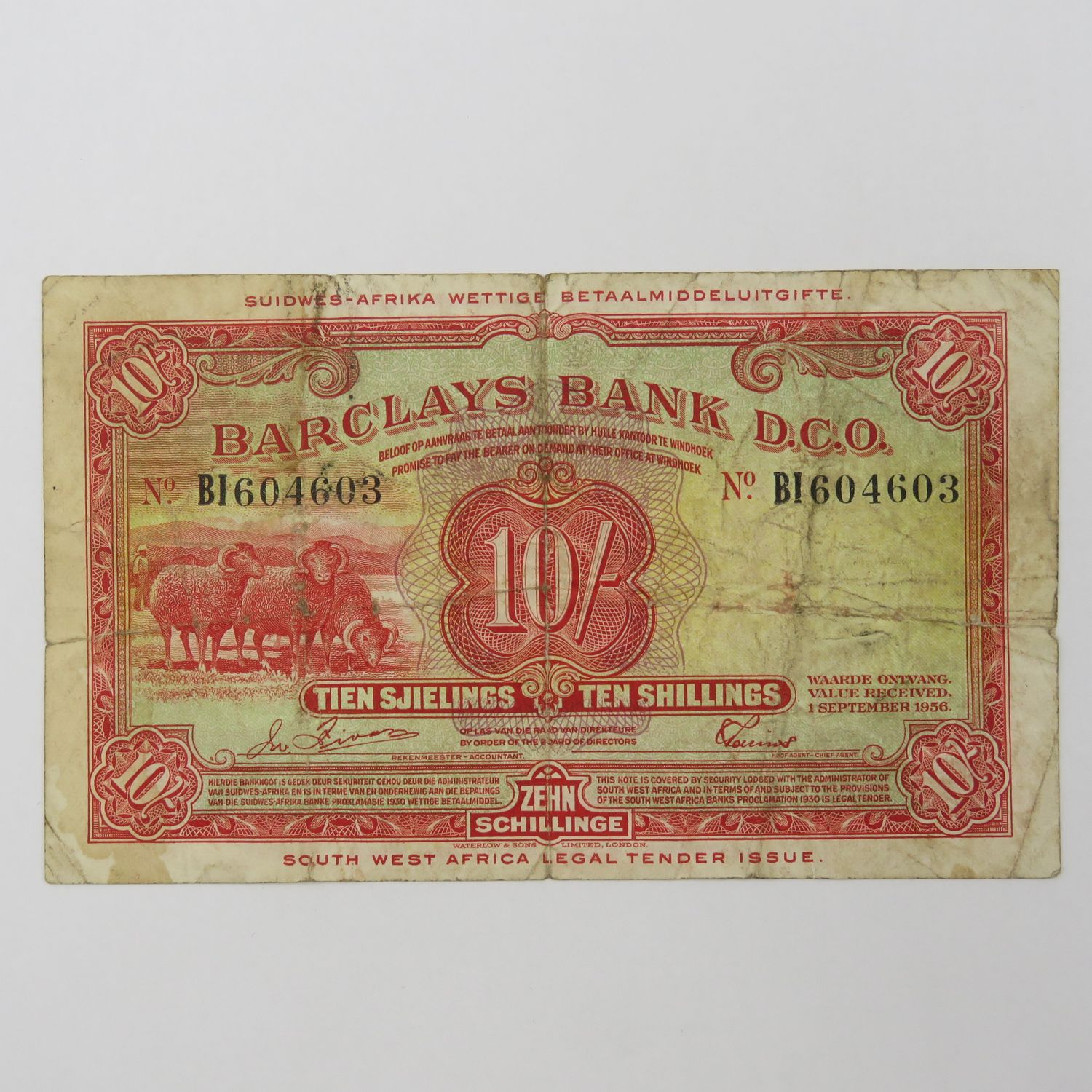 South West African Barclays ten shillings banknote - Folds and some rim damage