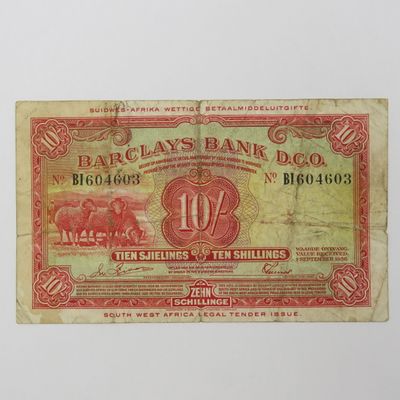 South West African Barclays ten shillings banknote - Folds and some rim damage
