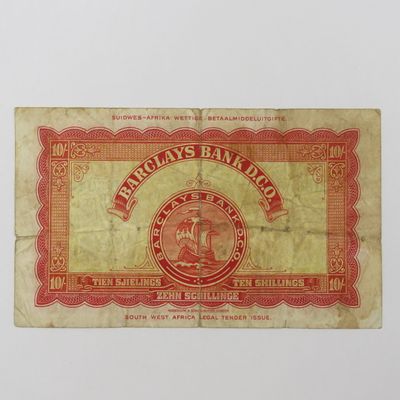 South West African Barclays ten shillings banknote - Folds and some rim damage