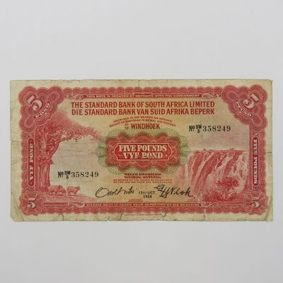 South West African Standard Bank 5 pound 15th Oct 1958 - well used