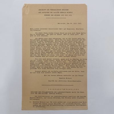 German South West original transcript of negotiations between the Germans and Captain Hendrik Witbooi  (Original draft with corrections)