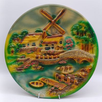 Vintage Dutch themed plaster wall plate - by E Wusher - chipped repaired