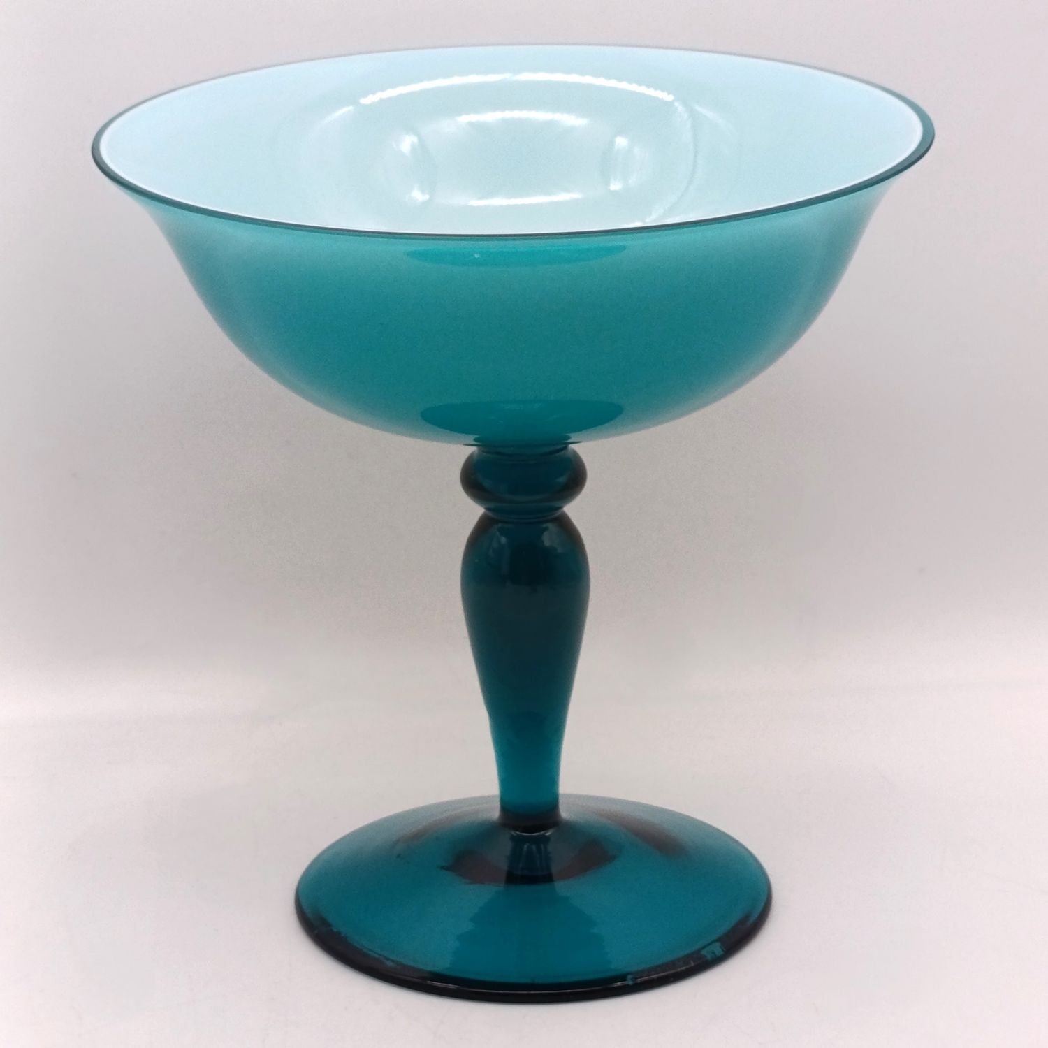 Murano Incamiciato turquoise blue pedestal glass bowl - mid century
