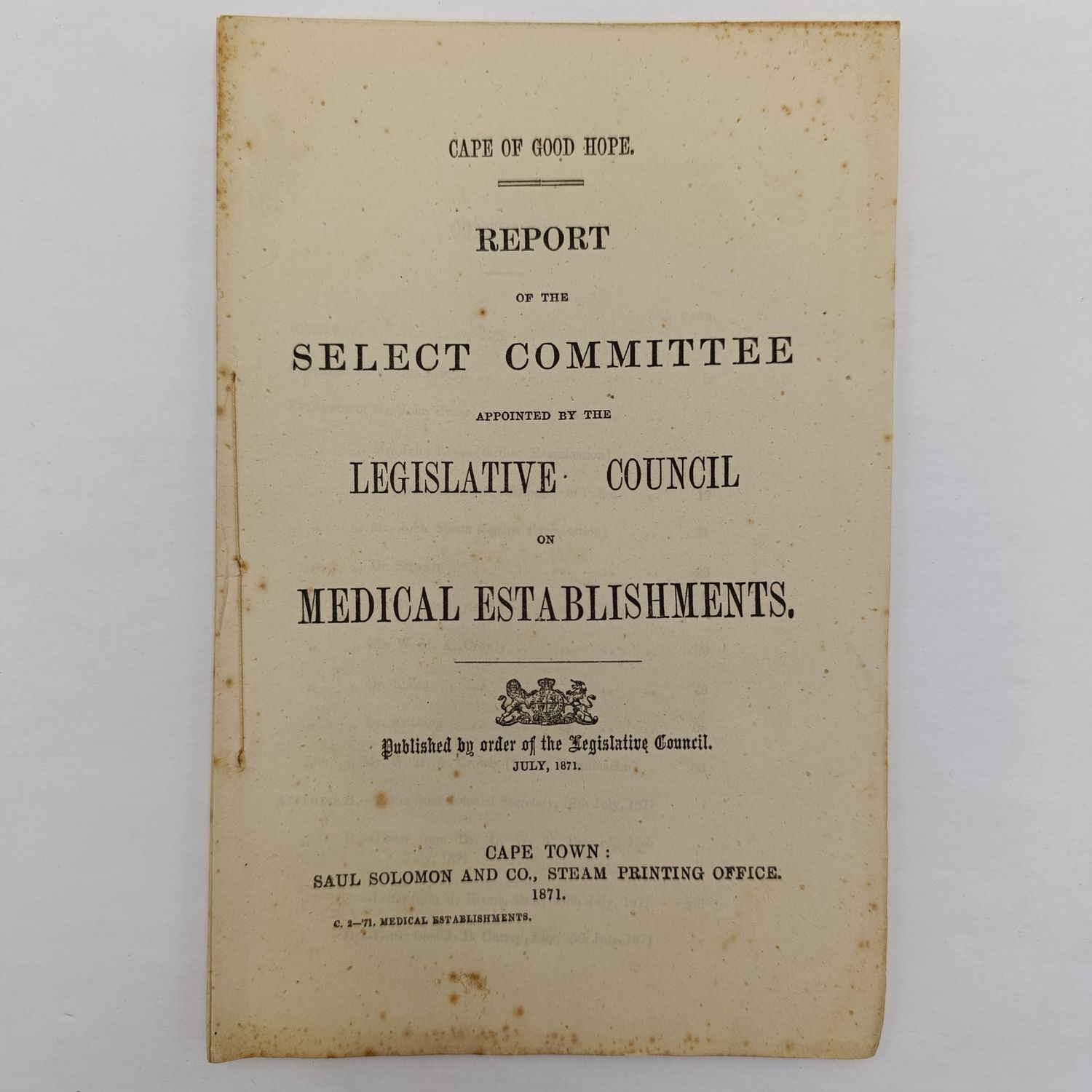 1871 Cape of Good Hope report of the select committee on medical establishments - mentioning contagious Diseases prevention act
