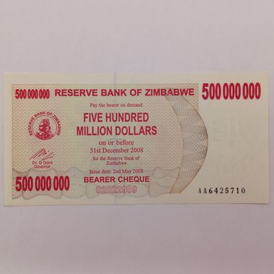 Zimbabwe 2008 Bearer Check - 500 000 000 dollars uncirculated - AA Note