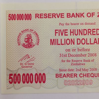 Zimbabwe 2008 Bearer Check - 500 000 000 dollars uncirculated - AA Note