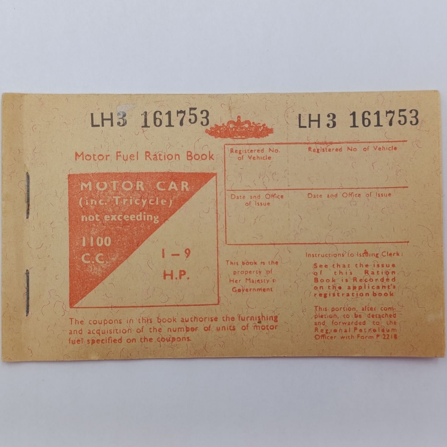 British Fuel ration booklet for a car not exceeding 1100CC (1-9HP) - for 6 months