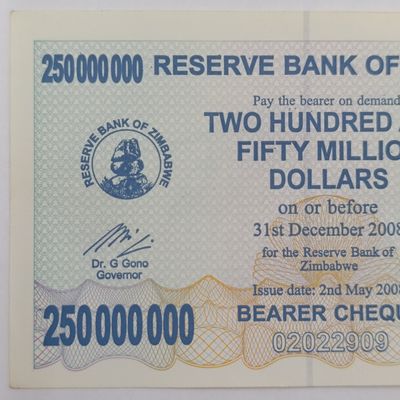 Zimbabwe 2008 Bearer Check 250 000 000 dollars uncirculated - AA note