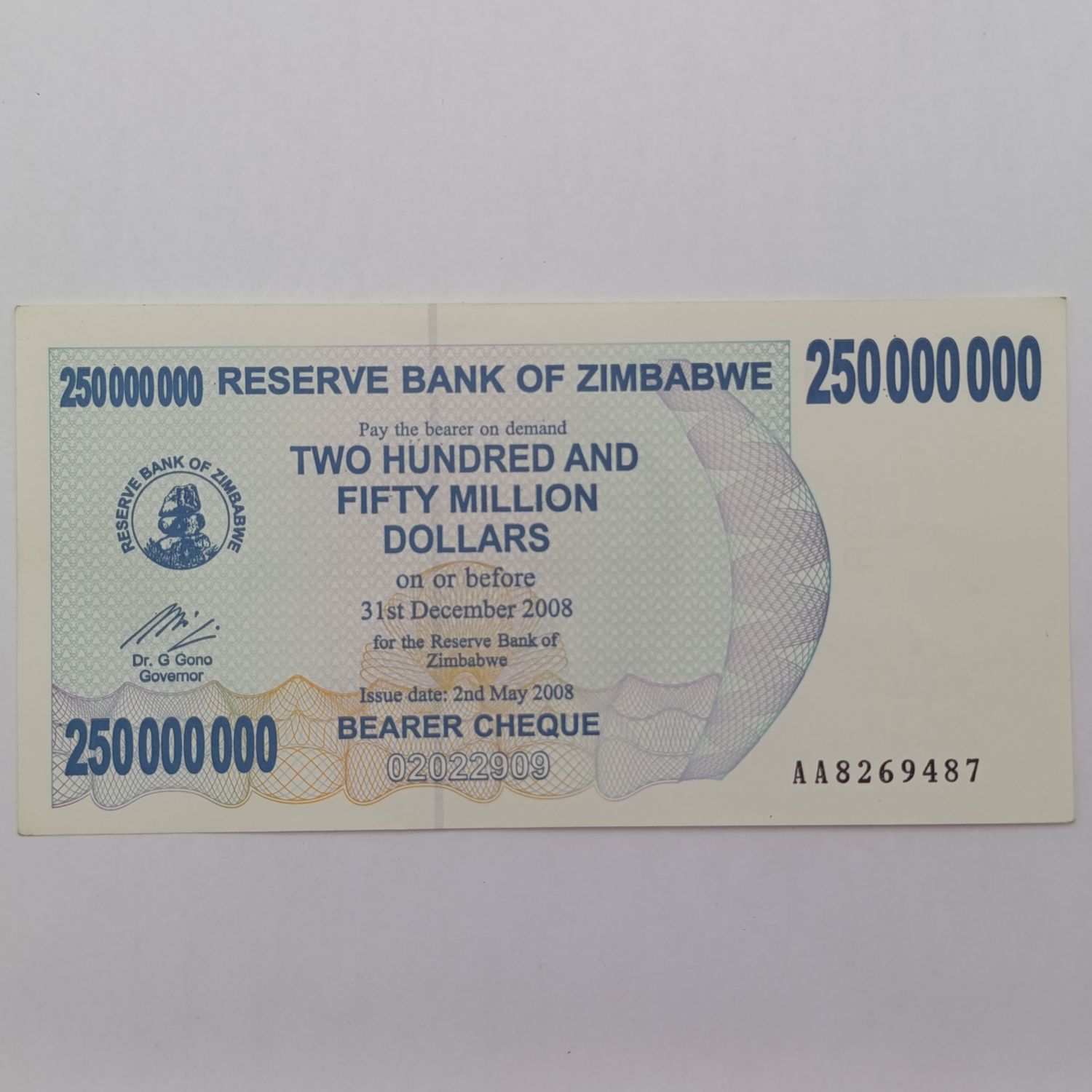 Zimbabwe 2008 Bearer Check 250 000 000 dollars uncirculated - AA note