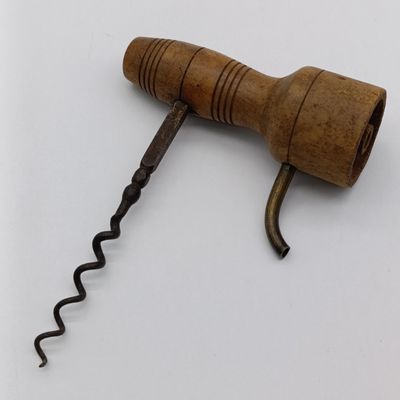 Antique Victorian wooden T handle corkscrew with Codd bottle opener - rarely seen