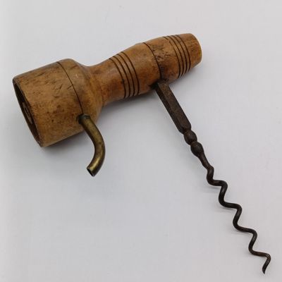 Antique Victorian wooden T handle corkscrew with Codd bottle opener - rarely seen