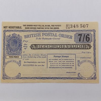 Vintage British 7 Shilling and 6d postal order - unissued