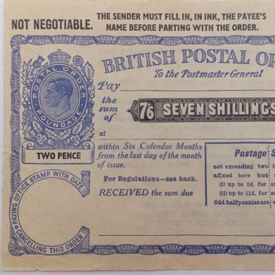 Vintage British 7 Shilling and 6d postal order - unissued