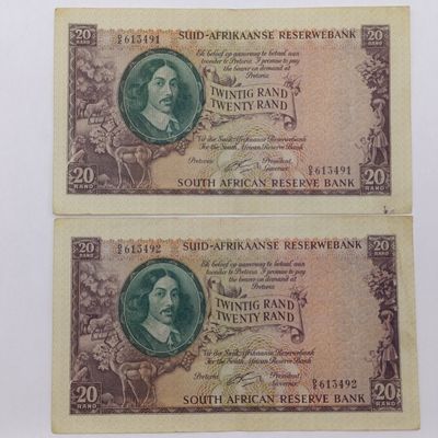 Pair of Rissik R20 banknotes - unused with consecutive numbers - centre fold and some damage