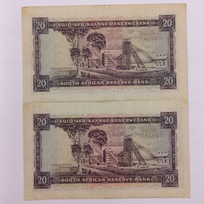 Pair of Rissik R20 banknotes - unused with consecutive numbers - centre fold and some damage