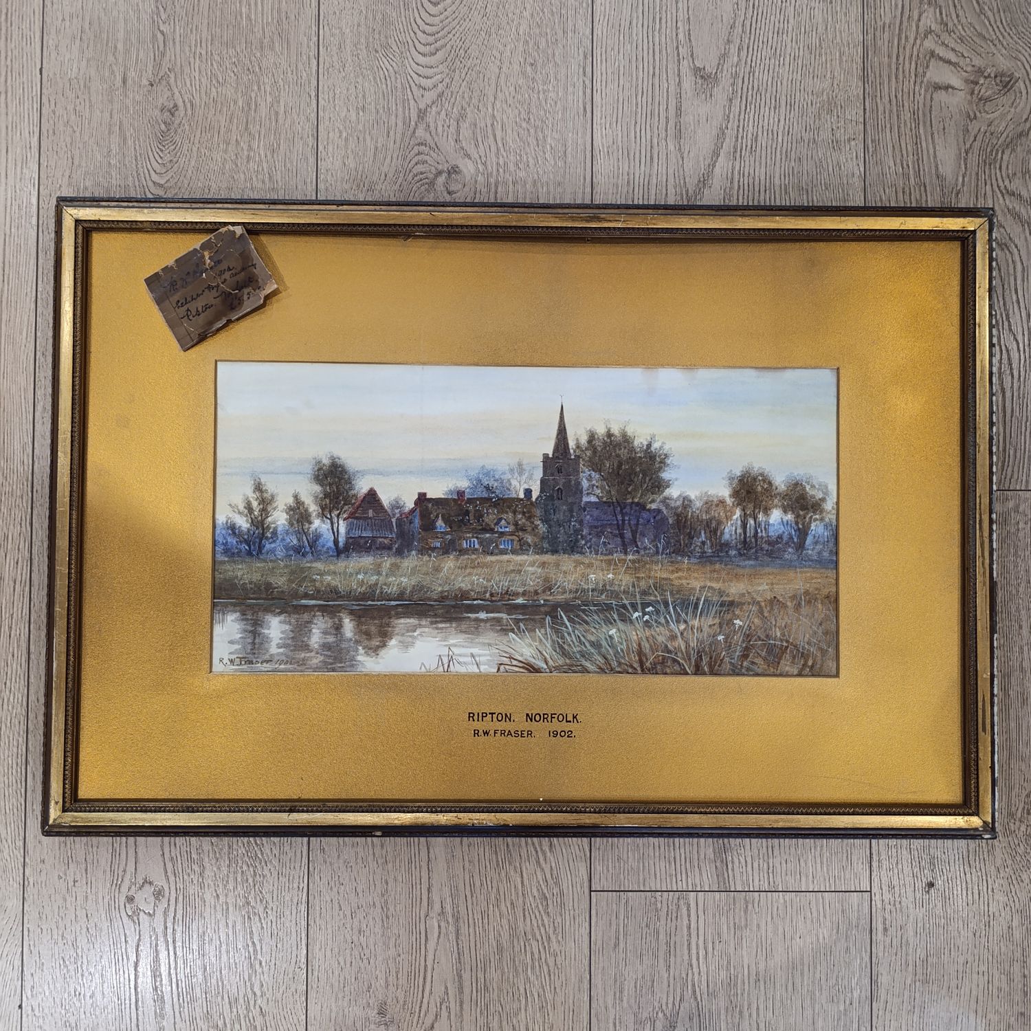 Antique Watercolor 1902 painting by British Landscape artist Robert W Fraser - with original exhibition label supplied - Sold for 5 Pound 5 Shillings - 250mm x 500mm