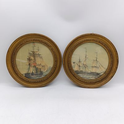 Pair of Porthole-shape frames with pictures of Sailship (British)