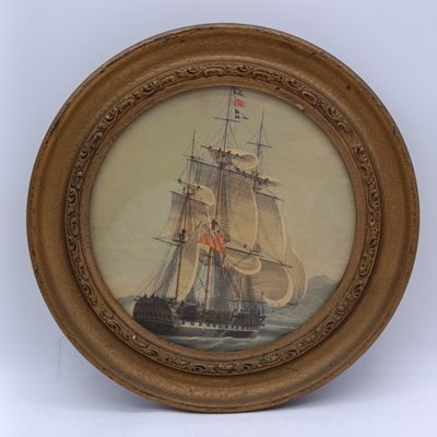 Pair of Porthole-shape frames with pictures of Sailship (British)