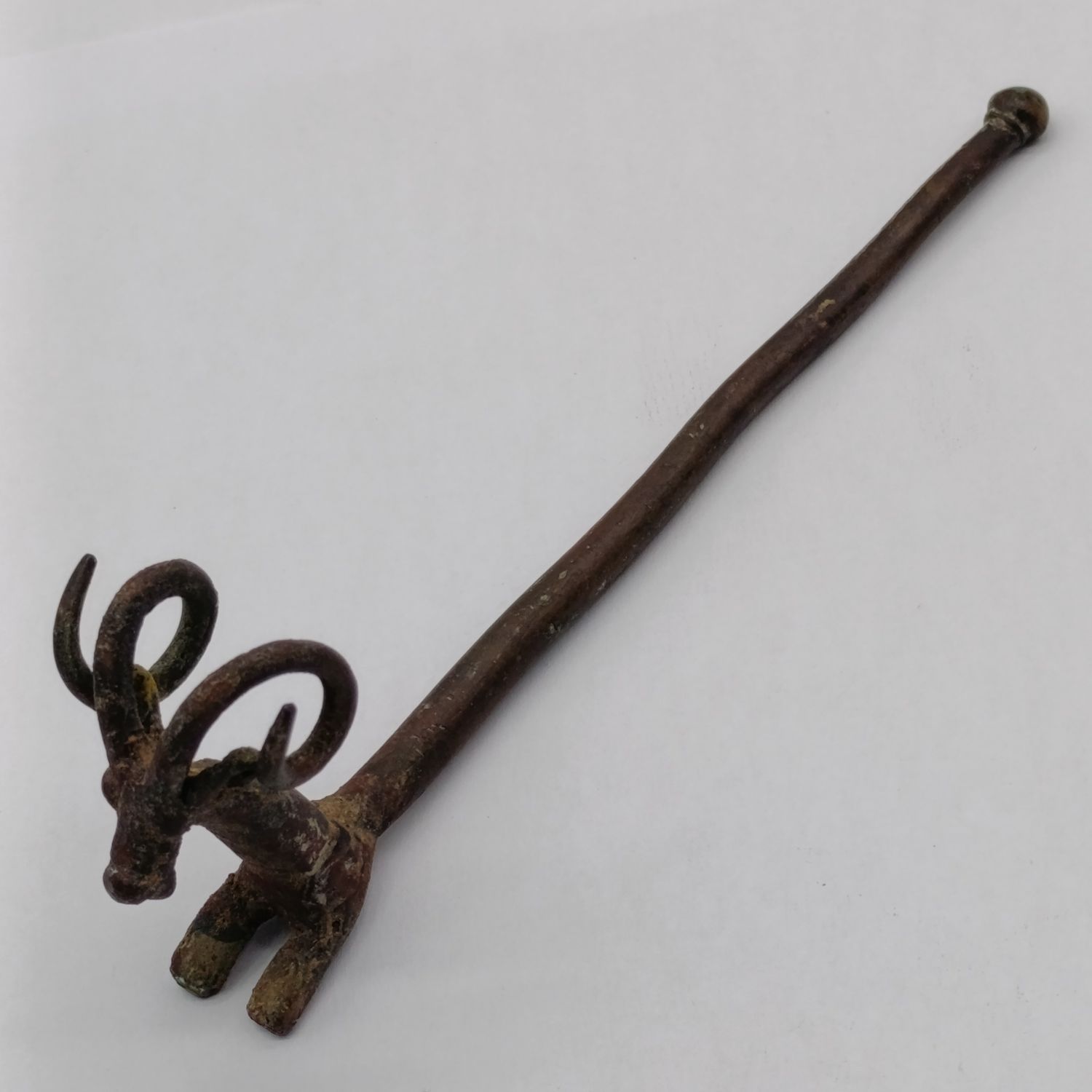 Ancient Luristan Bronze Ibex pin/finial - Lost wax method - Genuine Verdigris patina - Approximately 1000 - 650 BC