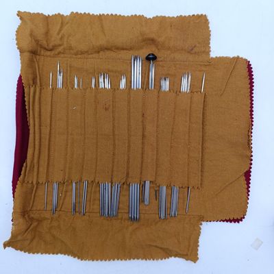 Embroidered knitting set with many steel needles - turn of the century