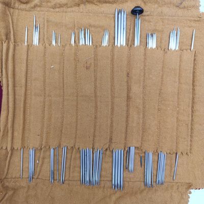 Embroidered knitting set with many steel needles - turn of the century