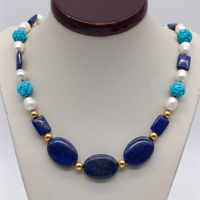 Vintage necklace with Lapis, Pearls, Turquoise and gold beads