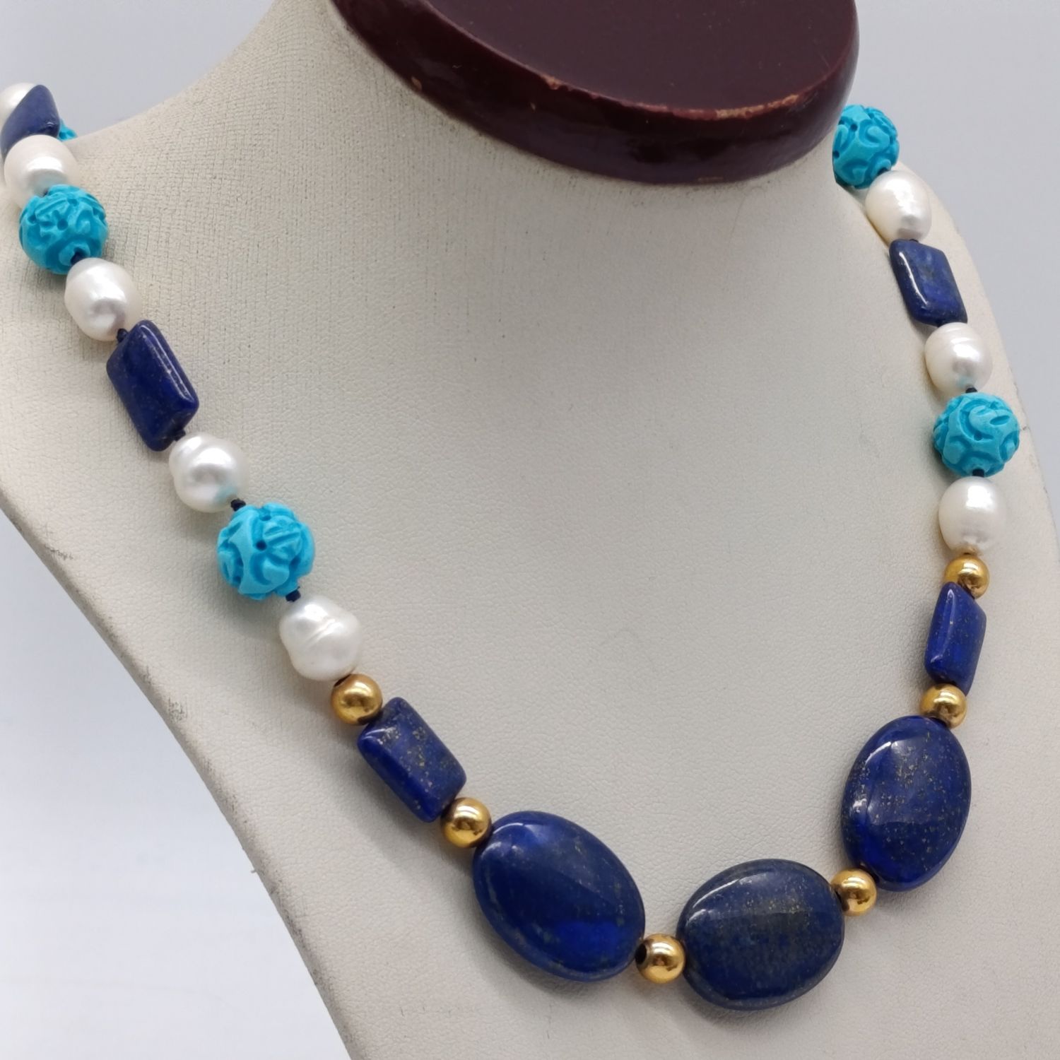 Vintage necklace with Lapis, Pearls, Turquoise and gold beads